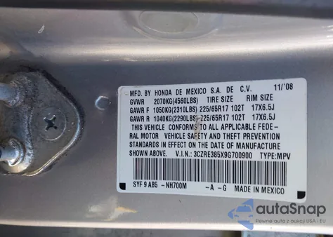 2009 Honda Cr-V Ex из США, поврежденный, VIN 3CZRE385X9G700900